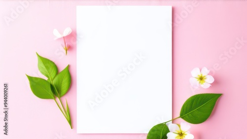 White sheet of paper on a light pink background with spring leaves and flowers 