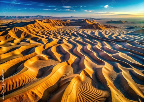 Aerial view of undulating sand dunes in the desert, showcasing a mesmerizing pattern of ridges, troughs, and textures created by wind erosion and natural geological forces. photo