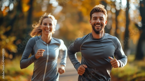 Couple Running in Autumn Forest: Healthy Lifestyle and Fitness Goals