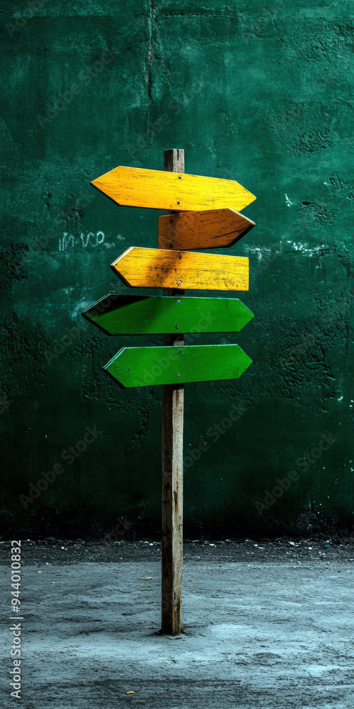 A vibrant signpost with yellow and green arrows stands against a ...