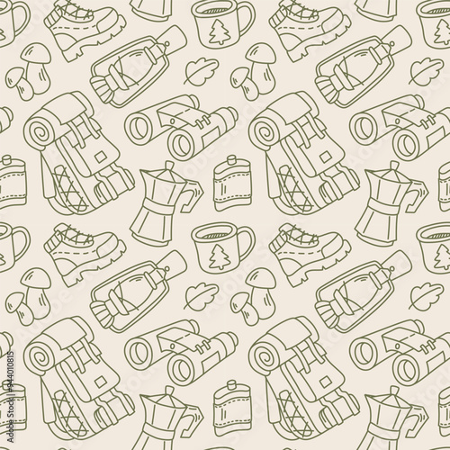 Seamless Outline Camping Gear Pattern in Minimalist Style