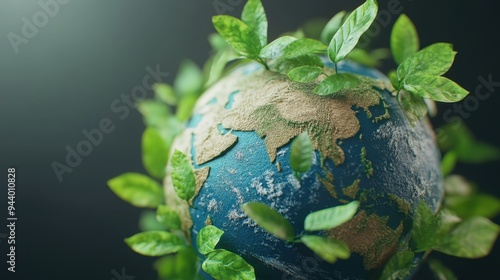 Detailed 3D rendering of a globe with leaves sprouting from its surface, symbolizing environmental awareness and sustainability. photo