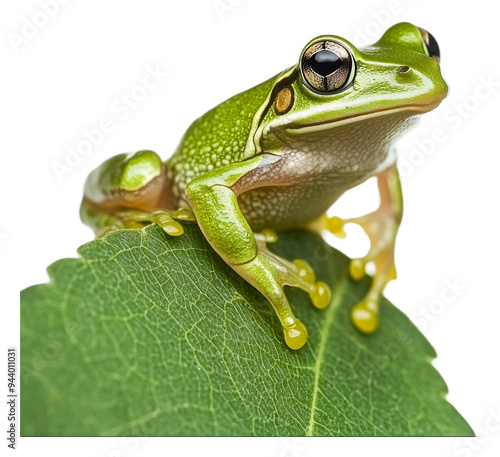 PNG Green frog perched on a vibrant leaf outdoors