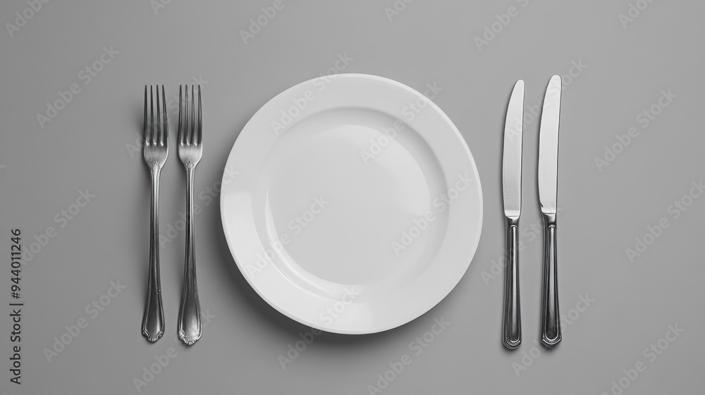 Minimalistic place setting with a plate, knife, and fork arranged neatly on a plain background, evoking simplicity and elegance. Minimalistic place setting with a plate, knife, and fork arranged neatly on a plain background, evoking simplicity and elegance.