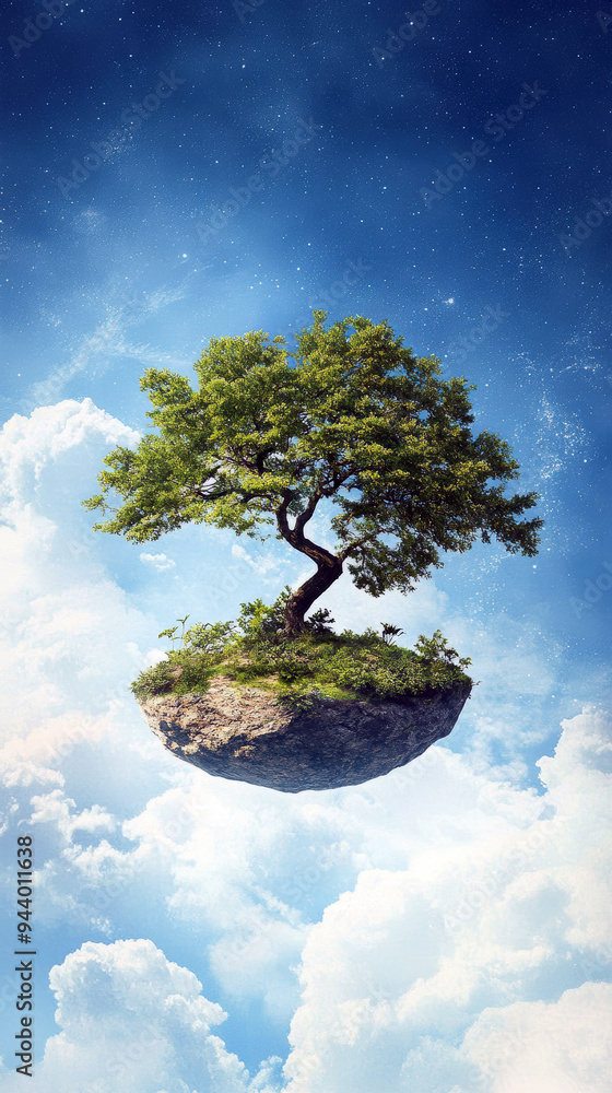 A mesmerizing scene of a solitary tree perched atop a floating island, surrounded by clouds and a starry sky, embodying tranquility and the beauty of nature's surreal landscapes. A mesmerizing scene of a solitary tree perched atop a floating island, surrounded by clouds and a starry sky, embodying tranquility and the beauty of nature's surreal landscapes.