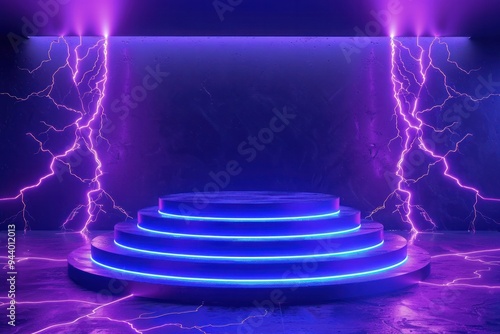 A purple and blue stage with a blue and purple lightning bolt in the background