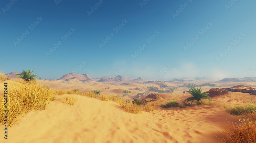 Vast, arid desert, golden sand dunes, endless horizons, high quality, photorealistic, tranquil, remote, camel caravan, nomadic, breathtaking, clear blue sky, oasis Vast, arid desert, golden sand dunes, endless horizons, high quality, photorealistic, tranquil, remote, camel caravan, nomadic, breathtaking, clear blue sky, oasis