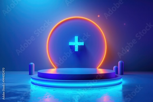 A blue and orange stage with a large plus sign in the center