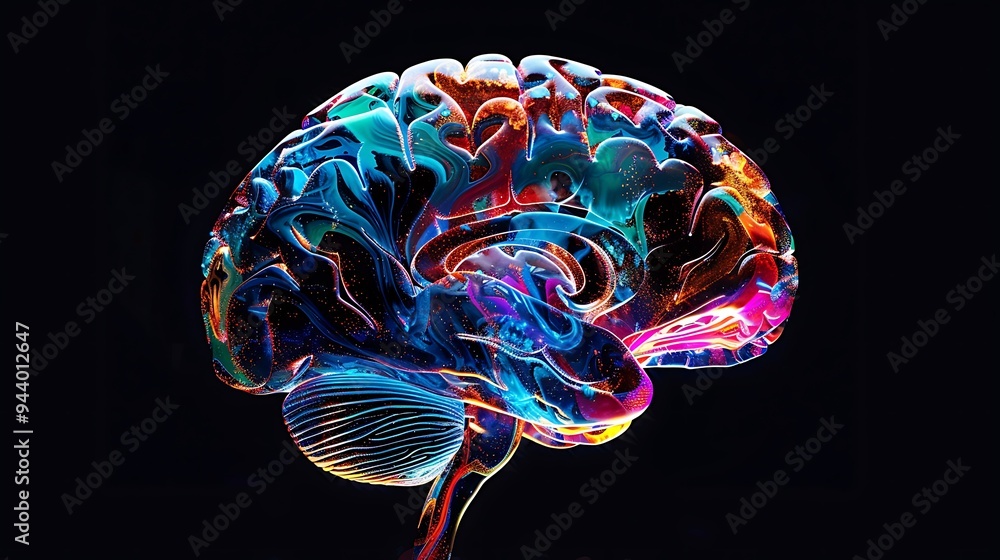 A detailed image of the human brain with the right hemisphere depicted in vibrant colors representing creativity and the left hemisphere in monochrome representing logic A detailed image of the human brain with the right hemisphere depicted in vibrant colors representing creativity and the left hemisphere in monochrome representing logic