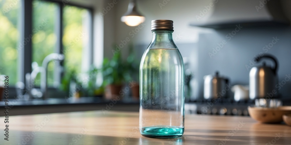 Clear water bottle on modern kitchen counter. Clear water bottle on modern kitchen counter.