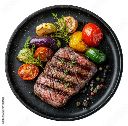 PNG Grilled steak with assorted vegetables on a plate