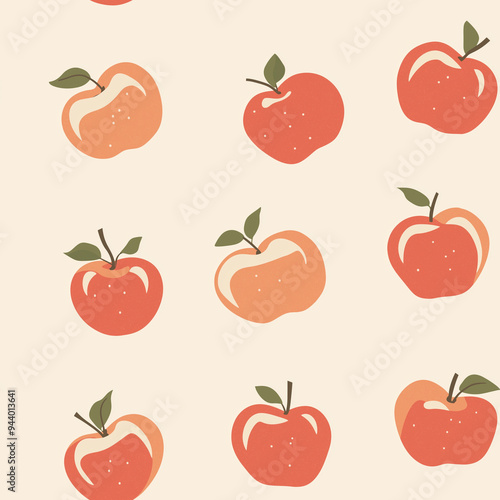 Flat design hand drawn seamless pattern with apples. Red color tones