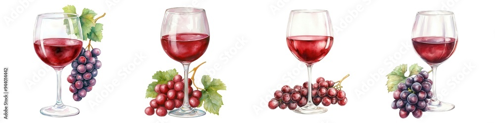 A glass of red wine with grapes, Italian vineyard produce, watercolor texture, deep reds, isolated on white background A glass of red wine with grapes, Italian vineyard produce, watercolor texture, deep reds, isolated on white background