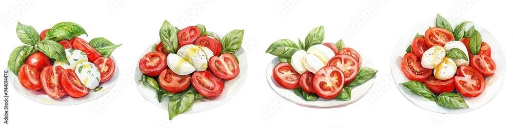 A caprese salad with tomatoes and mozzarella, fresh Italian starter, watercolor painting, vibrant reds and greens, isolated on white background A caprese salad with tomatoes and mozzarella, fresh Italian starter, watercolor painting, vibrant reds and greens, isolated on white background