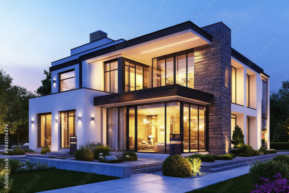 Modern family house with large windows and balcony is illuminated at dusk in suburban area. Main entrance of luxury residential building. Real estate and private property Modern family house with large windows and balcony is illuminated at dusk in suburban area. Main entrance of luxury residential building. Real estate and private property