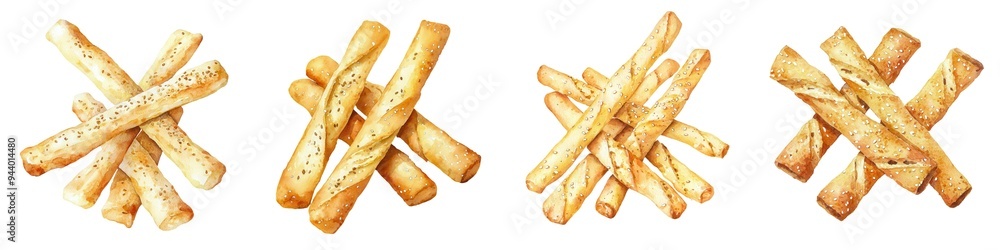 A serving of grissini breadsticks with sesame, Italian snack, watercolor painting, golden texture, isolated on white background A serving of grissini breadsticks with sesame, Italian snack, watercolor painting, golden texture, isolated on white background