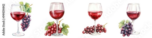 A glass of red wine with grapes, Italian vineyard produce, watercolor texture, deep reds, isolated on white background