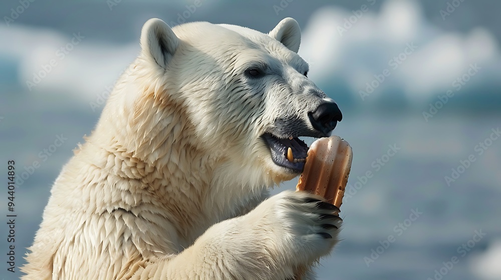 A waffle cone eating polar bear enjoying a popsicle