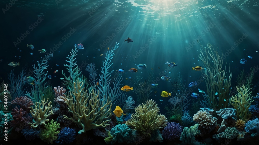 Fototapeta premium Serene Underwater Coral Scene with Rays of Sunlight and Colorful Fish