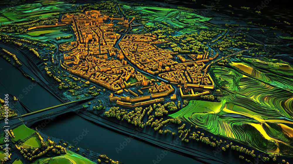 Fototapeta premium Technical aerial visual, 3D LiDAR GIS aerial map satellite scan model isolated, showing Tours, France. Elevation, topography, render