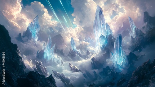 Crystal Peaks: Towering crystal peaks that pierce the heavens, with shimmering caves and ethereal light beams breaking through the clouds.
