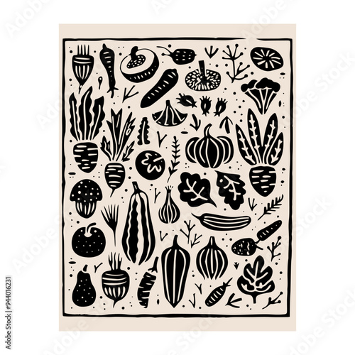Hand drawn linocut style vegetables poster. Grunge illustration of different vegetables. Vector background