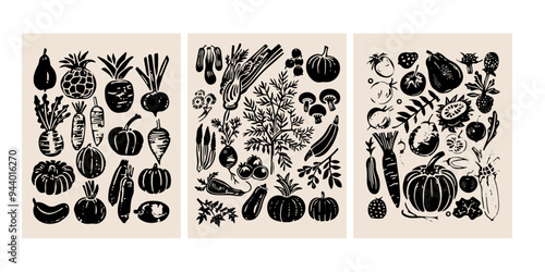 Set of Hand drawn linocut style vegetables posters. Grunge illustration of different vegetables. Vector background