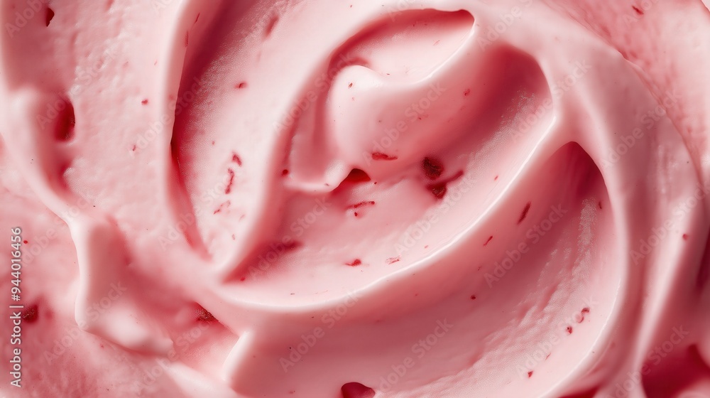 Close-up of smooth, creamy pink ice cream with swirls and flecks. Close-up of smooth, creamy pink ice cream with swirls and flecks.
