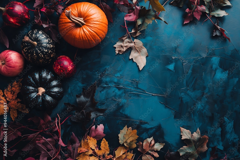 Diverse autumn produce and leaves beautifully arranged on dark blue surface. Perfect embodiment of fall ambiance. Diverse autumn produce and leaves beautifully arranged on dark blue surface. Perfect embodiment of fall ambiance.