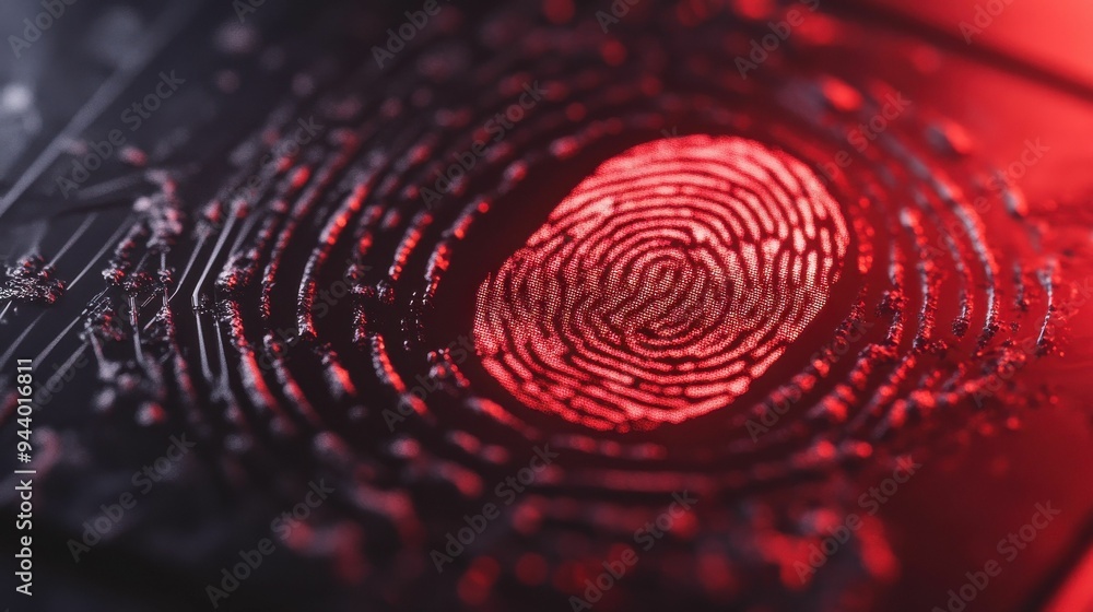 Detailed close-up of a digital fingerprint scan illuminated in red, showcasing security technology on a dark background. Detailed close-up of a digital fingerprint scan illuminated in red, showcasing security technology on a dark background.