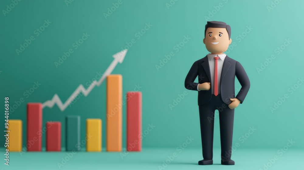 Cartoon businessman in a suit standing confidently with a growth chart behind him on a green backdrop, symbolizing business success. Cartoon businessman in a suit standing confidently with a growth chart behind him on a green backdrop, symbolizing business success.