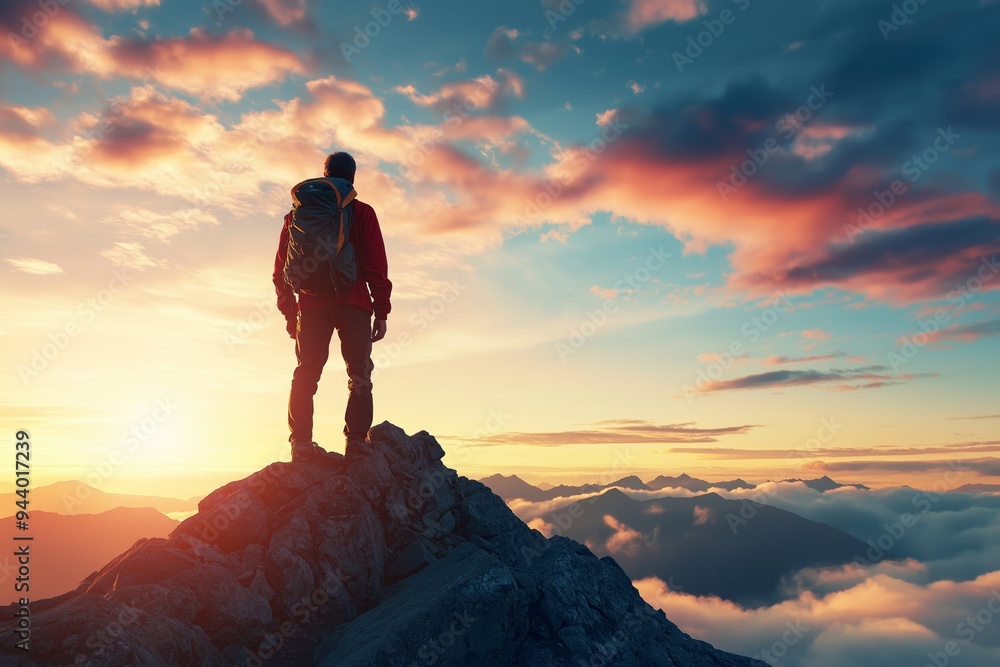 Fototapeta premium A hiker stands triumphantly on a mountain peak during sunrise, with a backpack, overlooking a vast and beautiful landscape.