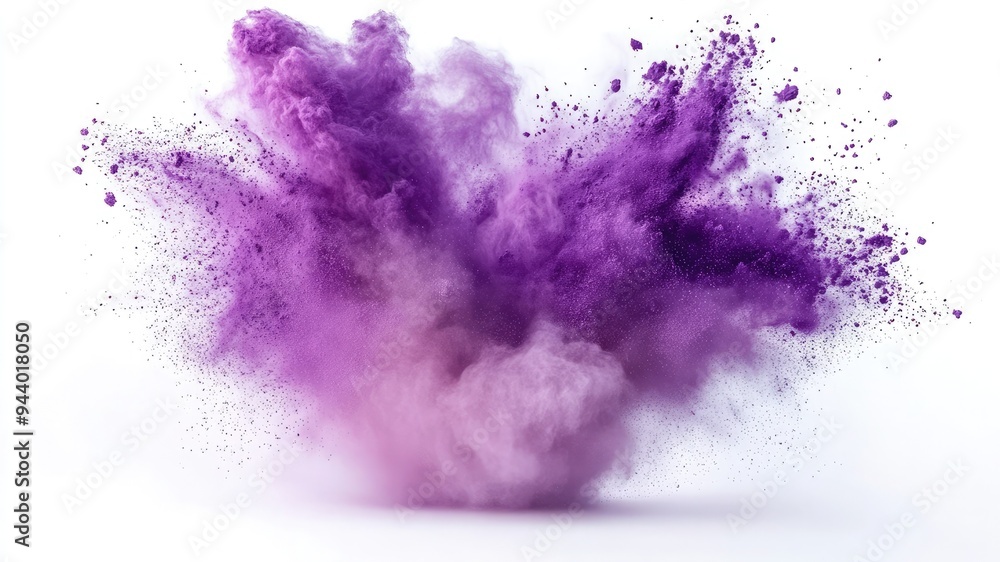 Vibrant lavender powder explosion against a pristine white background, creating an eye-catching backdrop. Perfect for advertisements, art, and illustrations with empty space for text Vibrant lavender powder explosion against a pristine white background, creating an eye-catching backdrop. Perfect for advertisements, art, and illustrations with empty space for text