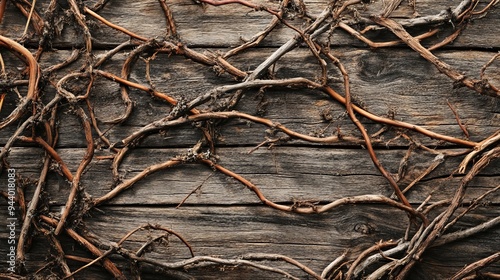 An outdoor photo captures a full page of wooden vines, showcasing their intricate, natural patterns. The photo highlights the textures and details of the vines, with their twisted, gnarled branches 