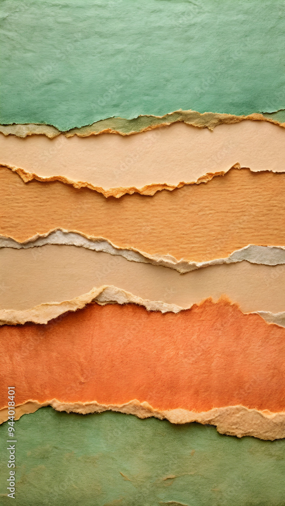 Fototapeta premium Earthy Hues Torn Paper Collage: A textured background of torn paper in warm, earthy green, orange, and cream hues. Great for eco-friendly, natural, or handcrafted themes. 