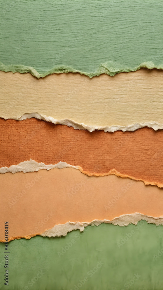 Fototapeta premium Earthy Hues Torn Paper Collage: A textured background of torn paper in warm, earthy green, orange, and cream hues. Great for eco-friendly, natural, or handcrafted themes.