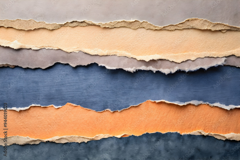 Layered Paper Abstract: A textured background of torn blue, orange, white, and beige paper with copy space. Layered Paper Abstract: A textured background of torn blue, orange, white, and beige paper with copy space.