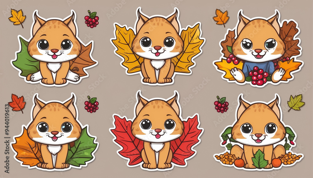 sticker set, different cute funny cartoon lynx sticker set, different cute funny cartoon lynx