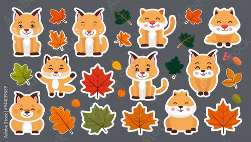 sticker set, different cute funny cartoon lynx