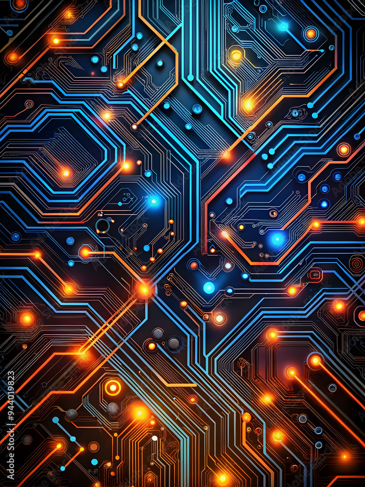 Circuitry Symphony: A mesmerizing abstract of a futuristic circuit board bathed in electric blue and orange light. A vibrant microcosm of technology and innovation. Circuitry Symphony: A mesmerizing abstract of a futuristic circuit board bathed in electric blue and orange light. A vibrant microcosm of technology and innovation.
