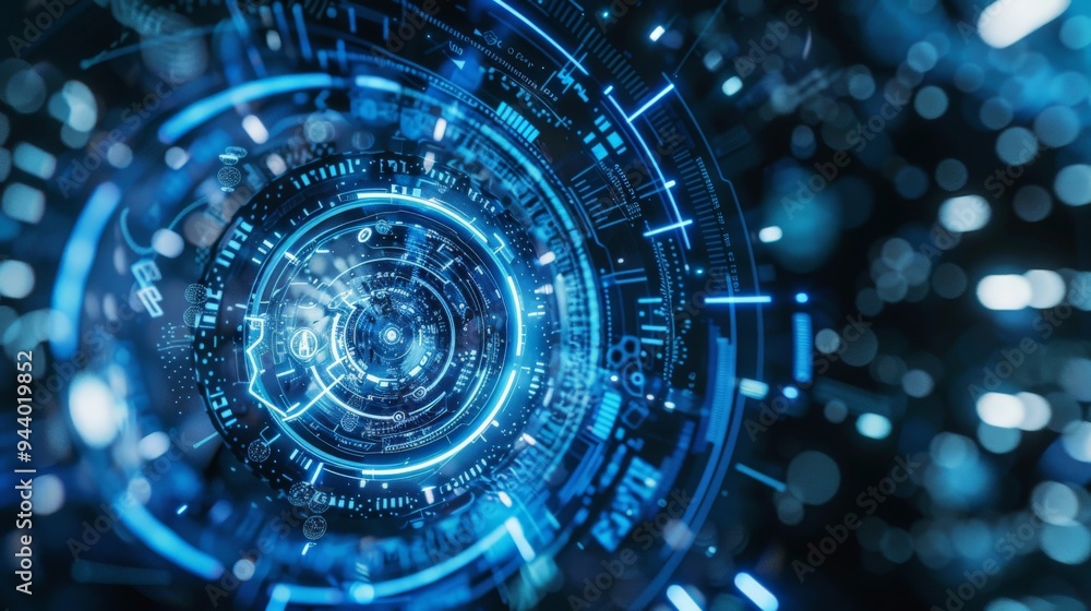 Fototapeta premium Futuristic digital abstract design featuring blue glowing lines and circles, creating a sense of depth and technology.