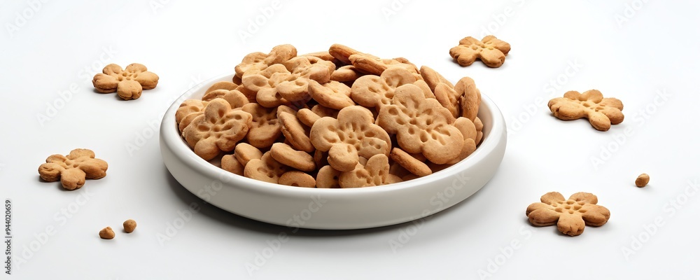 Delicious floral-shaped cookies in a white bowl on a clean surface Delicious floral-shaped cookies in a white bowl on a clean surface
