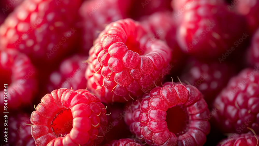 Macro shot of ripe raspberries highlighting their vibrant color and juicy texture, ideal for food and health themes Macro shot of ripe raspberries highlighting their vibrant color and juicy texture, ideal for food and health themes