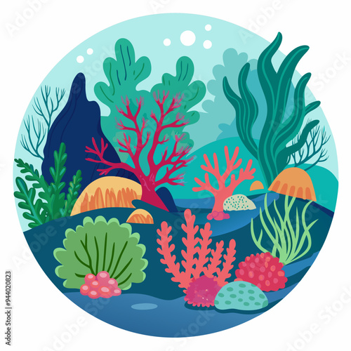 Colorful Underwater Scene with Seaweed, Coral, and Rocks