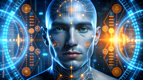 The Awakened Mind: A hyperrealistic 3D rendering of a human head enveloped in glowing neural networks, symbolizing artificial intelligence, consciousness, and the future of technology. 