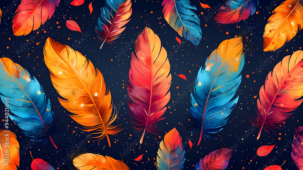 Abstract Illustration of Colorful Feathers on a Dark Background Abstract Illustration of Colorful Feathers on a Dark Background