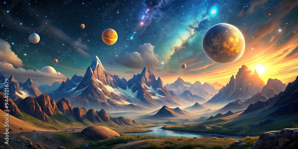Alien Mountain Range at Sunset with a Starry Sky and Multiple Planets - Digital Art Alien Mountain Range at Sunset with a Starry Sky and Multiple Planets - Digital Art
