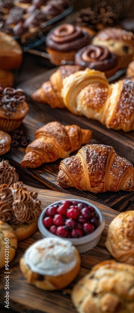 Assorted baked goods on a wooden table, including croissants, muffins, and baguettes, detailed textures, warm natural light, eyelevel view, inviting and rustic Assorted baked goods on a wooden table, including croissants, muffins, and baguettes, detailed textures, warm natural light, eyelevel view, inviting and rustic
