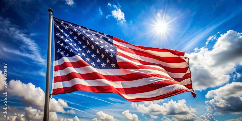 American Flag Waving in the Wind Against a Blue Sky with Clouds and Sun American Flag Waving in the Wind Against a Blue Sky with Clouds and Sun