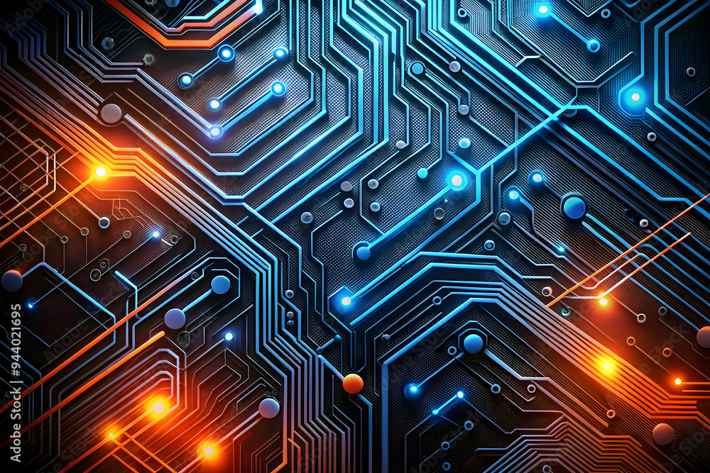 Digital Network Ignition: A mesmerizing close-up of a circuit board ablaze with vibrant blue and orange lights, symbolizing the power and complexity of technology. Digital Network Ignition: A mesmerizing close-up of a circuit board ablaze with vibrant blue and orange lights, symbolizing the power and complexity of technology.